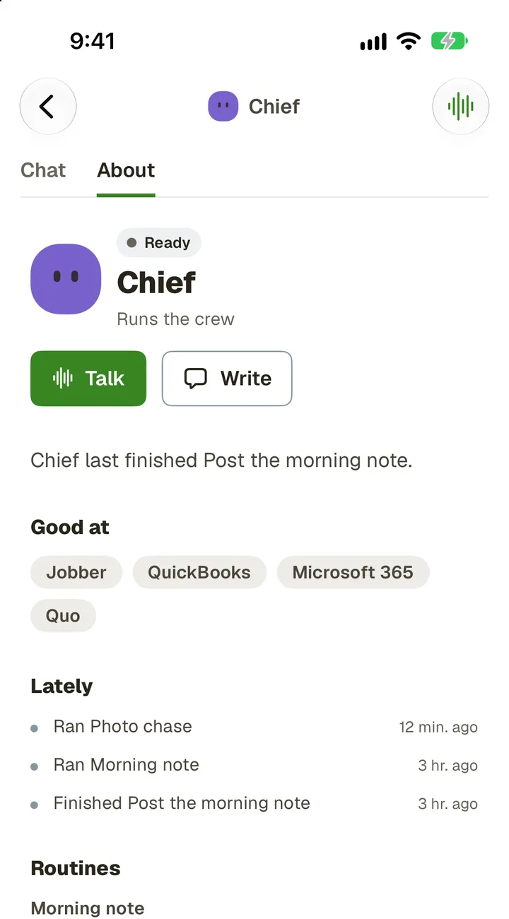 Chief's page in the app: ready, runs the crew, with Talk and Write, and good at Jobber, QuickBooks, Microsoft 365 and Quo.