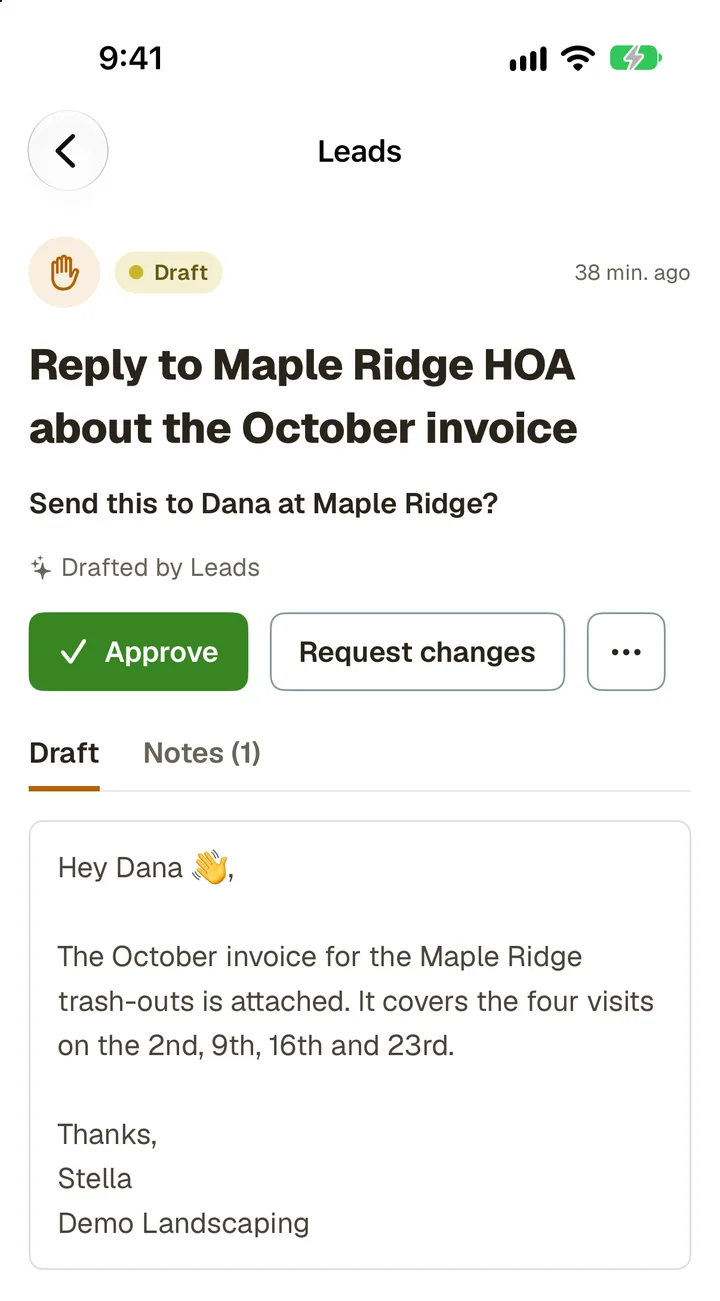 A draft in the PerchStack app: a reply to a property manager about the October invoice for its trash-outs, drafted by the crew, with Approve and Request changes.