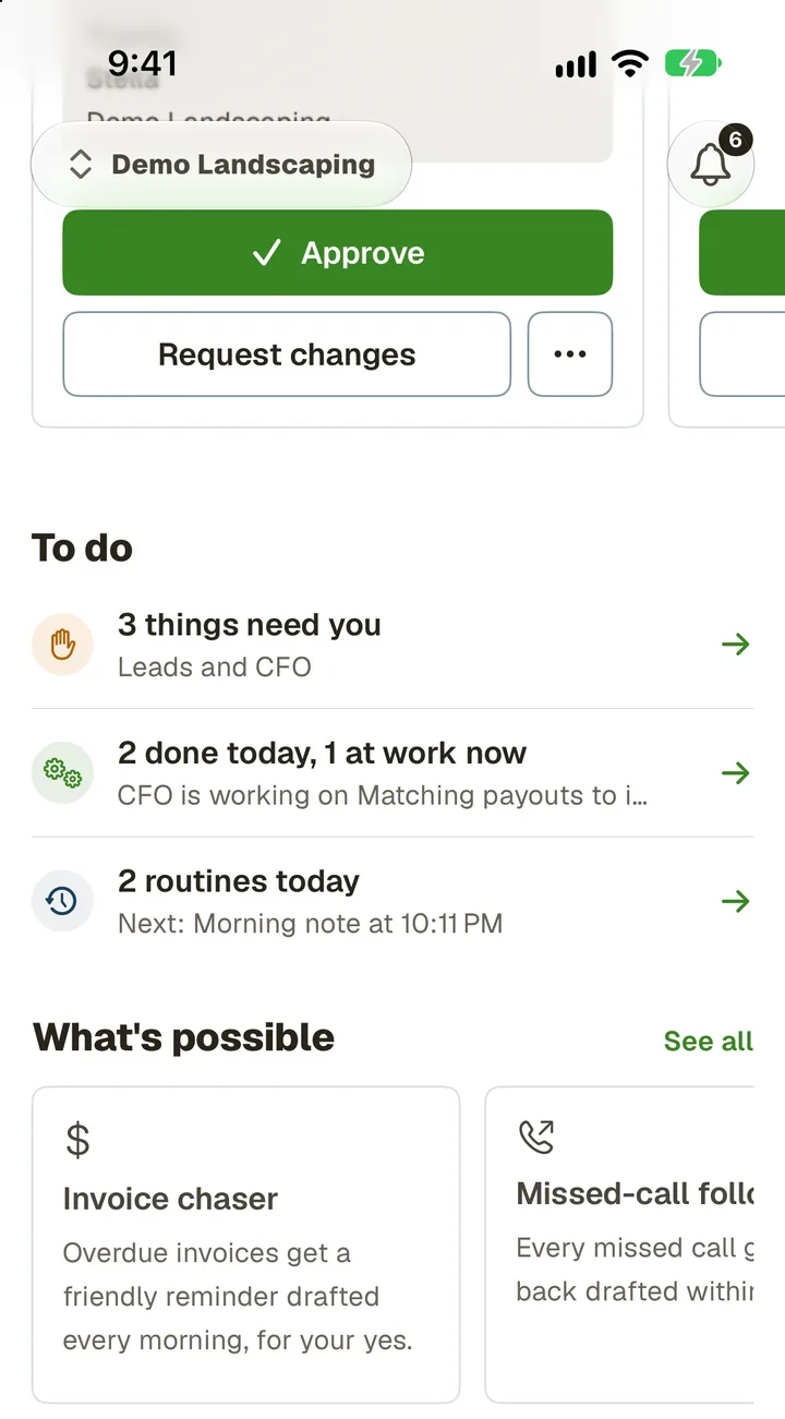 The To do list in the app: three things need you, two done today and one at work, two routines today.